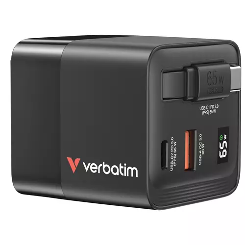 Verbatim GaN Charger 65W 2 Port retractable cable display US plugs with EU and UK adaptors