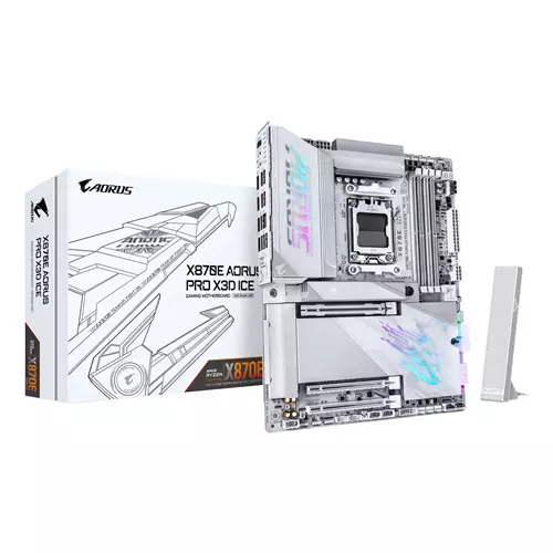 GIGABYTE X870E AORUS PRO X3D ICE Motherboard - Supports AMD Ryzen 9000 CPUs 18+2+2 Phases Digital VRM up to 9000Hz DDR5 (OC) 2xPCIe 5.0 + 2xPCIe 4.0 Wi-Fi 7 5GbE LAN USB 4