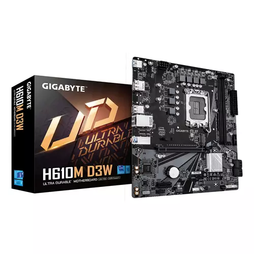GIGABYTE H610M D3W Motherboard - Supports 14th Gen. Intel Core CPUs 5+1+1 phases VRM up to 5600MHz DDR5 1xPCIe 3.0 M.2 1GbE LAN USB 3.2 Gen 1
