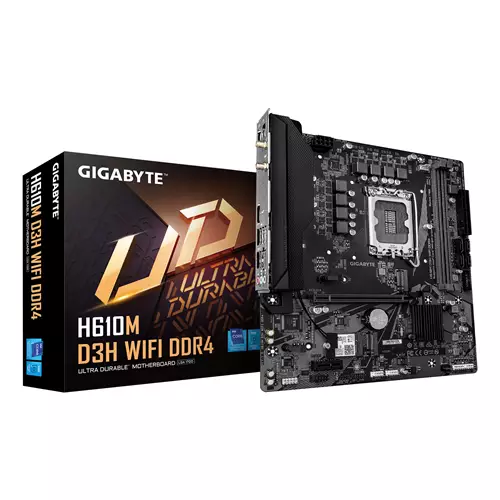 GIGABYTE H610M D3H WIFI DDR4 Motherboard - Supports 14th Gen. Intel Core CPUs 6+1+1 phases VRM up to 3200MHz DDR4 2xPCIe 3.0 M.2 WIFI 5 1GbE LAN USB 3.2 Gen 1