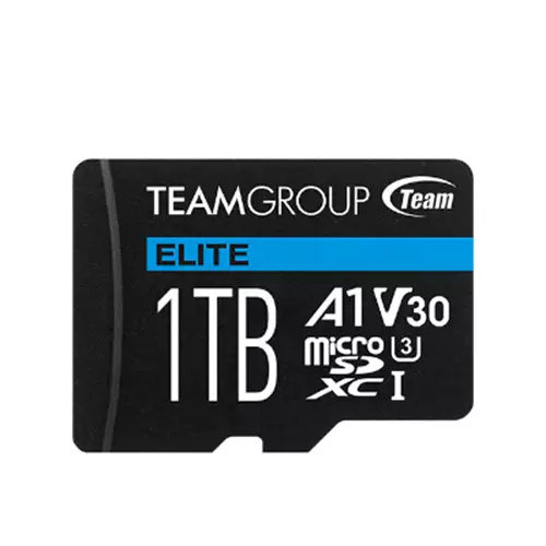 Team Group ELITE A1. Capacity: 1 TB Flash card type: MicroSDXC Internal memory type: UHS-I Read speed: 90 MB/s Write speed: 45 MB/s UHS Speed Class: Class 3 (U3) Video Speed Class: V30