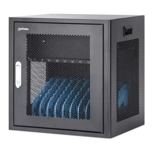 Manhattan Laptop Charging Cabinet Desktop via AC Adapter (UK) 10-bay Install device's AC Adapter (power cables) into unit Suitable for ALL laptops (to 16") iPads MacBooks Chromebooks other portable devices Bays 380x30x280mm Cart Lockable