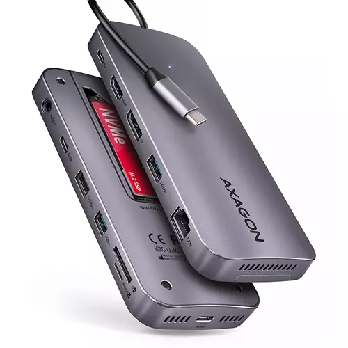 Axagon HMC-12GM2 USB 10Gbps hub 3x USB-A USB-C HDMI DP RJ-45 M.2 SD/mSD audio PD