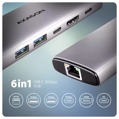 Axagon HMC-6G2L USB 10Gbps hub 2x USB-A 1x USB-C HDMI 4k/60Hz RJ-45 PD 100W
