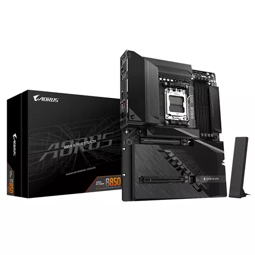GIGABYTE B850 AORUS STEALTH Motherboard - AMD Ryzen 9000 Series CPUs 14+2+2 Phases Digital VRM up to 8200MHz DDR5 (OC) 2xPCIe 5.0 + 2xPCIe 4.0 M.2 WIFI 7 5 GbE LAN USB 3.2 Gen 2