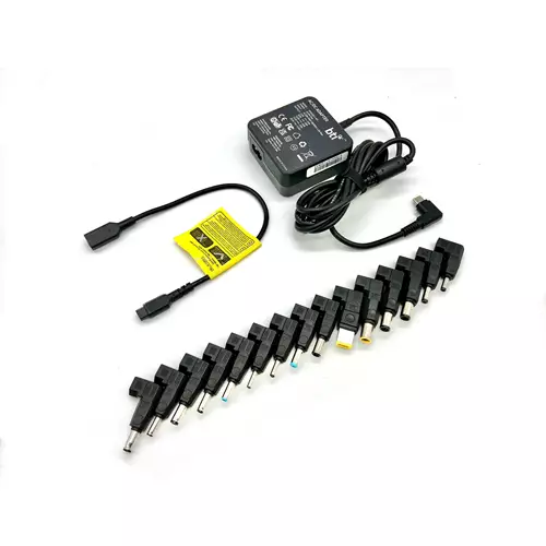 BTI 65W Universal AC Adapter for HP/Dell/Lenovo/Asus/Acer/Sony/Toshiba/Fujitsu/Samsung etc. Includes USB-C connector as well as 15 additional options to power a wide range of the most popular laptops. EU power cable also provided