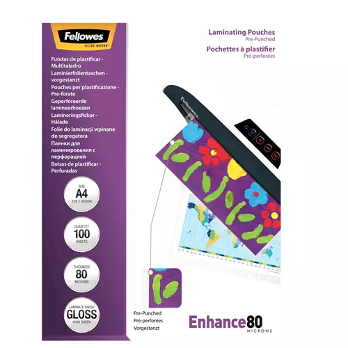 Photos - Laminator Fellowes A4 Pre-Punched 80 Micron Laminating Pouch. Product colour: Transparent Material: Plastic Format: A4. Width: 232 mm 