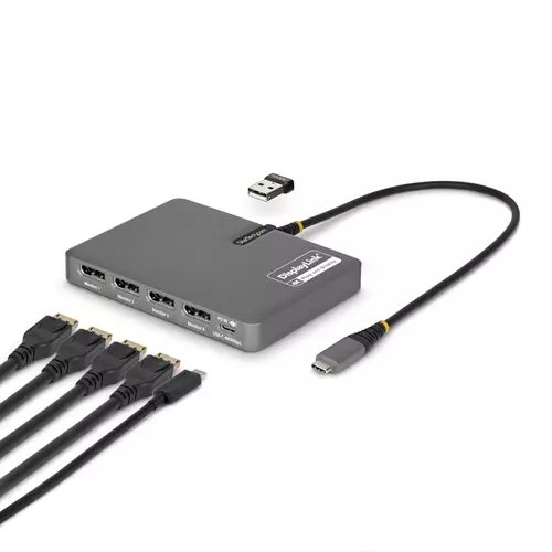 StarTech.com USB-C to Quad-Monitor Workstation Adapter 4K 60Hz DisplayPort 140W PD Passthrough for Laptop Charging USB Port for Wireless Keyboard / Mouse TAA