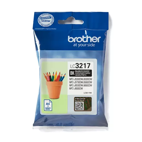 Brother LC3217BK. Black ink type: Pigment-based ink Black ink volume: 550 ml Supply type: Single pack Printing colours: Black Quantity per pack: 1 pc(s) Black ink page yield: 550 pages