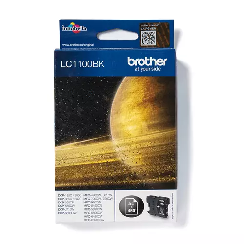 Brother LC1100BK. Black ink type: Pigment-based ink Supply type: Single pack Colour ink page yield: 450 pages Printing colours: Black Quantity per pack: 1 pc(s) Black ink page yield: 450 pages