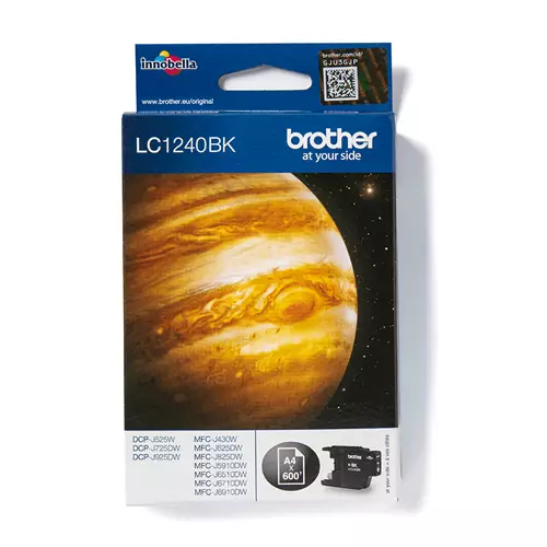 Brother LC1240BK. Black ink type: Pigment-based ink Supply type: Single pack Colour ink page yield: 600 pages Printing colours: Black Quantity per pack: 1 pc(s) Black ink page yield: 600 pages