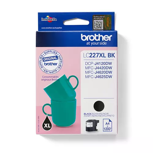 Brother LC227XLBK. Black ink type: Pigment-based ink Supply type: Single pack Printing colours: Black Quantity per pack: 1 pc(s) Black ink page yield: 1200 pages