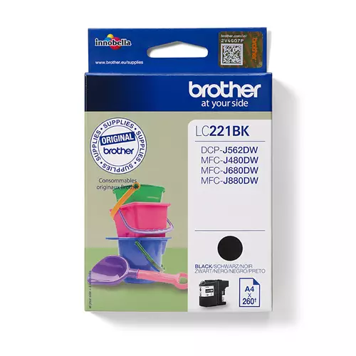 Brother LC221BK. Black ink type: Pigment-based ink Supply type: Single pack Printing colours: Black Quantity per pack: 1 pc(s) Black ink page yield: 260 pages