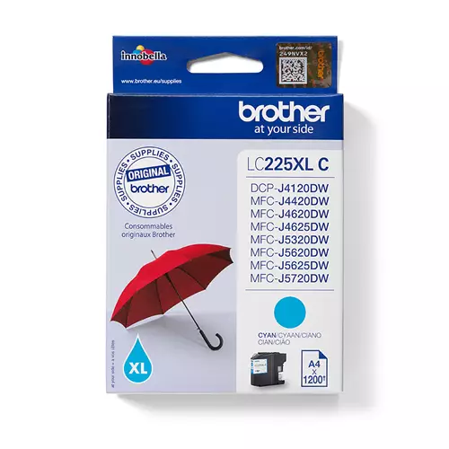 Brother LC225XLC. Cartridge capacity: High (XL) Yield Supply type: Single pack Colour ink page yield: 1200 pages Printing colours: Cyan Quantity per pack: 1 pc(s)