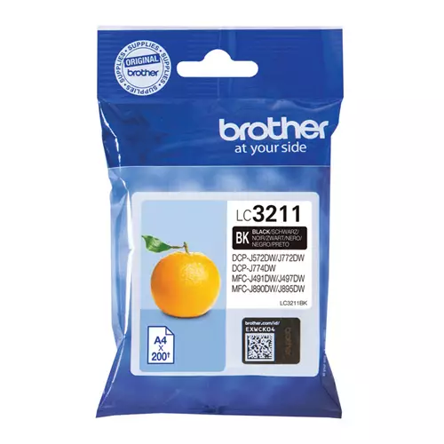 Brother LC3211BK. Cartridge capacity: Standard Yield Black ink type: Pigment-based ink Supply type: Single pack Printing colours: Black Quantity per pack: 1 pc(s) Black ink page yield: 200 pages