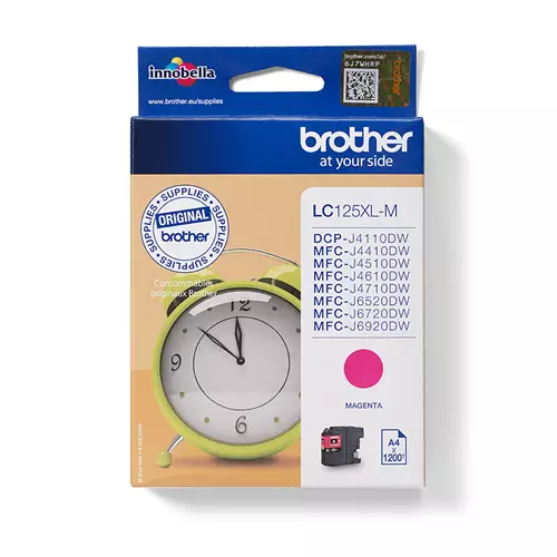 Brother LC125XLM. Colour ink type: Pigment-based ink Cartridge capacity: Extra (Super) High Yield Supply type: Single pack Colour ink page yield: 1200 pages Printing colours: Magenta Quantity per pack: 1 pc(s)