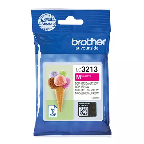Brother LC3213M. Colour ink type: Pigment-based ink Cartridge capacity: High (XL) Yield Supply type: Single pack Colour ink page yield: 400 pages Printing colours: Magenta Quantity per pack: 1 pc(s)