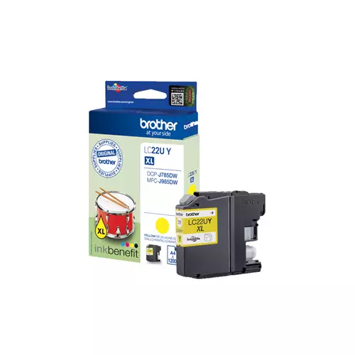 Brother LC22UY. Colour ink type: Pigment-based ink Cartridge capacity: High (XL) Yield Supply type: Single pack Colour ink page yield: 1200 pages Printing colours: Yellow Quantity per pack: 1 pc(s)