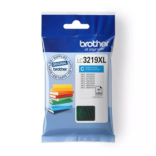 Brother LC3219XLC. Colour ink type: Pigment-based ink Cartridge capacity: High (XL) Yield Supply type: Single pack Colour ink page yield: 1500 pages Printing colours: Cyan Quantity per pack: 1 pc(s)