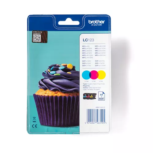 Brother LC123RBWBP. Colour ink type: Pigment-based ink Supply type: Multi pack Colour ink page yield: 600 pages Printing colours: Cyan Magenta Yellow Quantity per pack: 3 pc(s)
