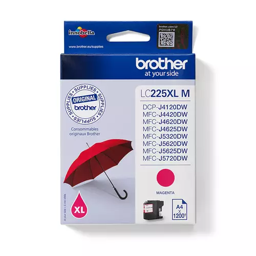 Brother LC225XLM. Colour ink type: Pigment-based ink Supply type: Single pack Colour ink page yield: 1200 pages Printing colours: Magenta Quantity per pack: 1 pc(s)