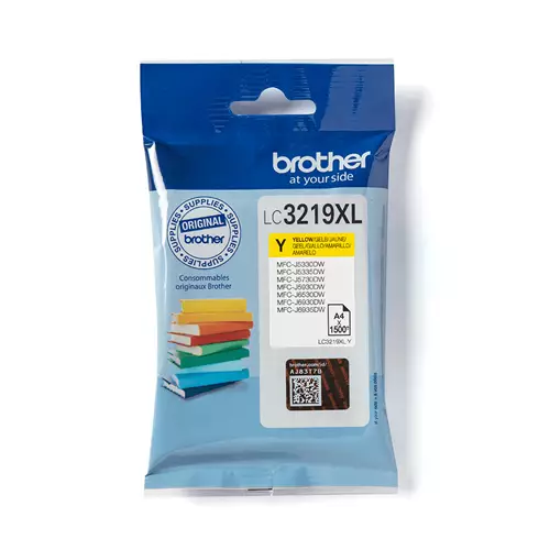 Brother LC3219XLY. Colour ink type: Pigment-based ink Supply type: Single pack Colour ink page yield: 1500 pages Printing colours: Yellow Quantity per pack: 1 pc(s)