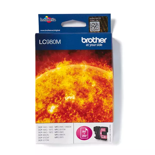 Brother LC980M. Colour ink type: Pigment-based ink Supply type: Single pack Colour ink page yield: 260 pages Printing colours: Magenta Quantity per pack: 1 pc(s)