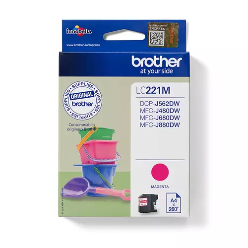 Brother LC221M. Colour ink type: Pigment-based ink Supply type: Single pack Colour ink page yield: 260 pages Printing colours: Magenta Quantity per pack: 1 pc(s)
