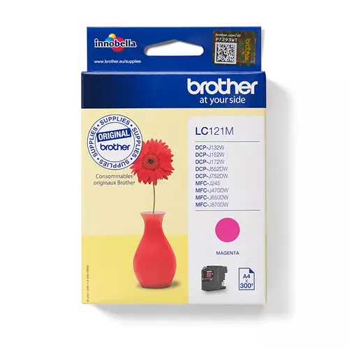 Brother LC121M. Colour ink type: Pigment-based ink Supply type: Single pack Colour ink page yield: 300 pages Printing colours: Magenta Quantity per pack: 1 pc(s)