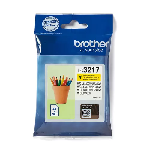Brother LC3217Y. Colour ink type: Pigment-based ink Supply type: Single pack Colour ink page yield: 550 pages Printing colours: Yellow Quantity per pack: 1 pc(s)