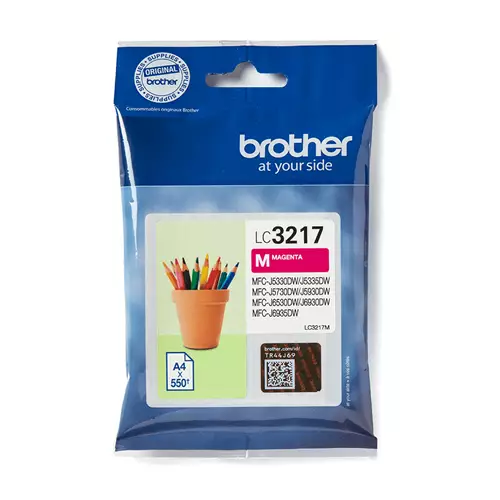 Brother LC3217M. Colour ink type: Pigment-based ink Supply type: Single pack Colour ink page yield: 550 pages Colour ink volume: 550 ml Printing colours: Magenta Quantity per pack: 1 pc(s)