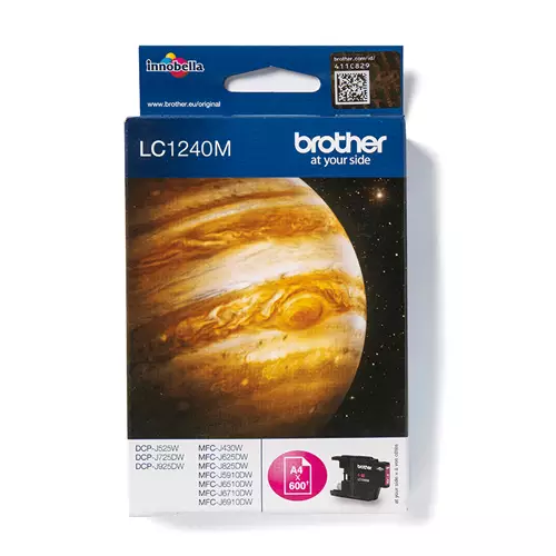 Brother LC1240M. Colour ink type: Pigment-based ink Supply type: Single pack Colour ink page yield: 600 pages Printing colours: Magenta Quantity per pack: 1 pc(s)