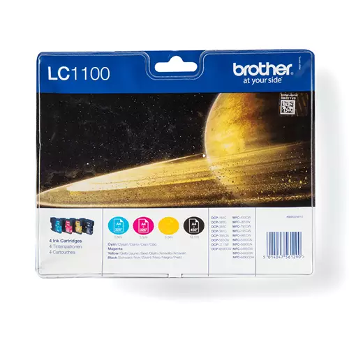 Brother LC1100VALBP. Supply type: Multi pack Colour ink page yield: 325 pages Printing colours: Black Cyan Magenta Yellow Quantity per pack: 4 pc(s) Black ink page yield: 450 pages