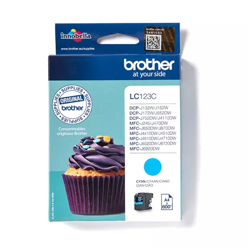 Brother LC123C. Supply type: Single pack Colour ink page yield: 600 pages Printing colours: Cyan Quantity per pack: 1 pc(s)