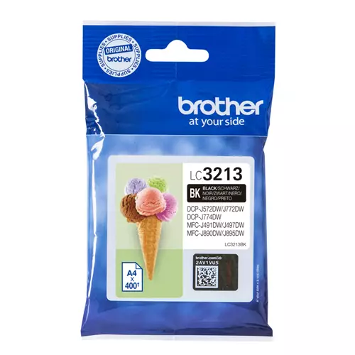 Brother LC3213BK. Supply type: Single pack Printing colours: Black Quantity per pack: 1 pc(s) Black ink page yield: 400 pages