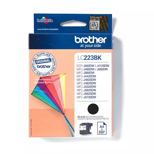 Brother LC-223BK. Supply type: Single pack Printing colours: Black Quantity per pack: 1 pc(s) Black ink page yield: 550 pages