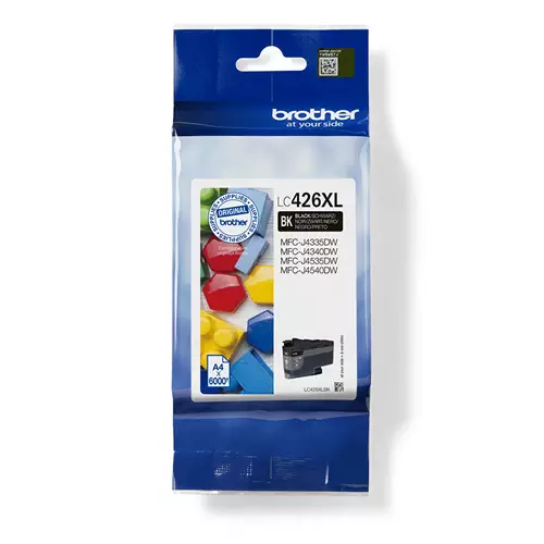 Brother LC-426XLBK. Cartridge capacity: High (XL) Yield Supply type: Single pack Printing colours: Black Quantity per pack: 1 pc(s) Black ink page yield: 6000 pages