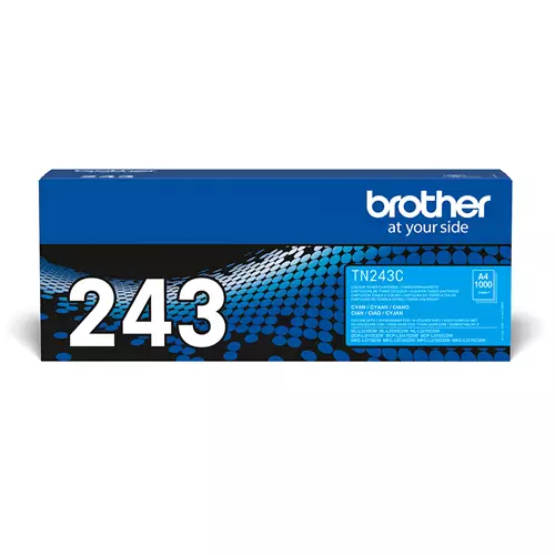 Brother TN-243C. Colour toner page yield: 1000 pages Printing colours: Cyan Quantity per pack: 1 pc(s)