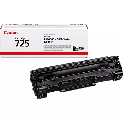 Canon 725 Toner Cartridge. Black toner page yield: 1600 pages Printing colours: Black Quantity per pack: 1 pc(s)