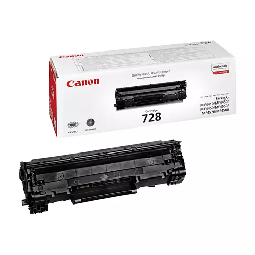 Canon 728 Toner Cartridge. Black toner page yield: 2100 pages Printing colours: Black Quantity per pack: 1 pc(s)