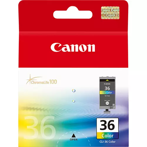 Canon CLI-36 C/M/Y Colour Ink Cartridge. Colour ink type: Pigment-based ink Cartridge capacity: Standard Yield Colour ink page yield: 249 pages Printing colours: Cyan Magenta Yellow Quantity per pack: 1 pc(s)