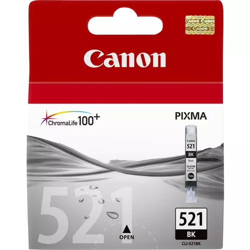 Canon CLI-521BK Black Ink Cartridge. Black ink type: Pigment-based ink Printing colours: Black Quantity per pack: 1 pc(s)