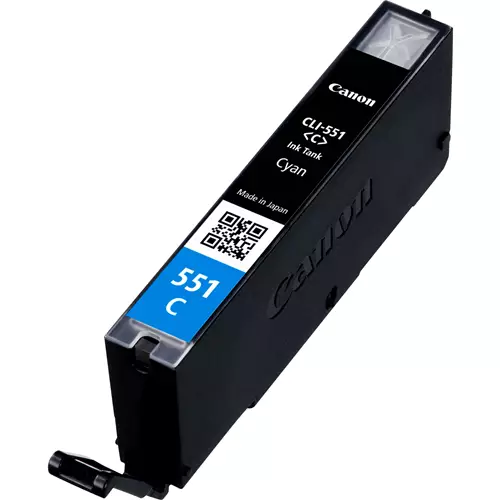 Canon CLI-551C Cyan Ink Cartridge. Colour ink type: Dye-based ink Cartridge capacity: Standard Yield Colour ink page yield: 304 pages Printing colours: Photo cyan Quantity per pack: 1 pc(s)