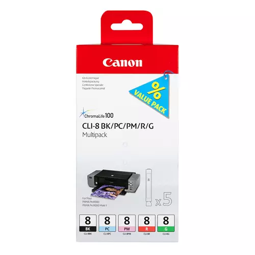 Canon CLI-8 BK/PC/PM/R/G 5 Ink Cartridge Multipack. Colour ink type: Dye-based ink Supply type: Multi pack Printing colours: Photo cyan Photo magenta Quantity per pack: 5 pc(s)