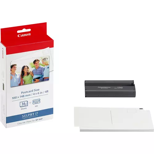 Canon KP-36IP Colour Ink + 100 x 148 mm Paper Set 36 Sheets. Printing colours: Cyan Magenta Yellow Print technology: Inkjet Compatibility: - SELPHY: CP750 CP720 CP740 CP510 CP400 CP710 CP500 CP600 CP730 - Bubble Jet: CP-600...