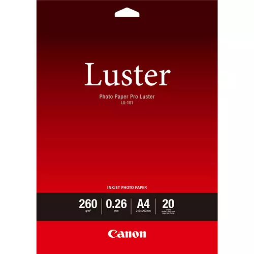 Canon LU-101 Luster Photo Paper Pro A4 - 20 Sheets. Finish type: Satin Media weight: 260 g/m Product colour: White. Media size (1 slide): A4 Media sheets per package: 20 sheets