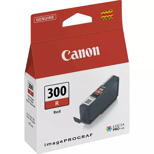Canon PFI-300R Red Ink Cartridge. Supply type: Single pack Colour ink page yield: 920 pages Printing colours: Red Quantity per pack: 1 pc(s)