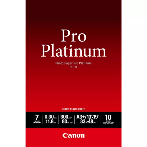 Canon PT-101 Pro Platinum Photo Paper A3 Plus - 10 Sheets. Paper size: A3+ Sheets per pack: 10 sheets. Width: 330 mm Height: 480 mm Weight: 300 g