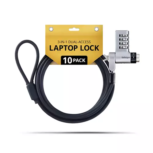 StarTech.com 10-Pack 3-in-1 Dual-Access Laptop Lock 6.6ft (2m) Keyed Alike/Combination Security Cable Lock for Noble Wedge/Nano/K-Slot; Anti-Theft TAA
