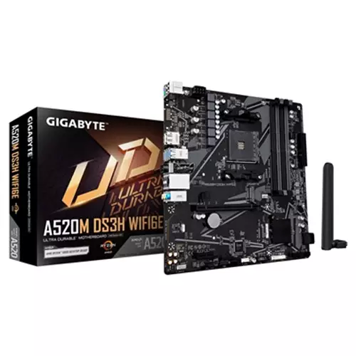 GIGABYTE A520M DS3H WIFI6E Motherboard - Supports AMD Ryzen 5000 Series AM4 CPUs up to 4733MHz DDR4 (OC) 1xPCIe 3.0 M.2 WIFI 6E GbE LAN USB 3.2 Gen 1